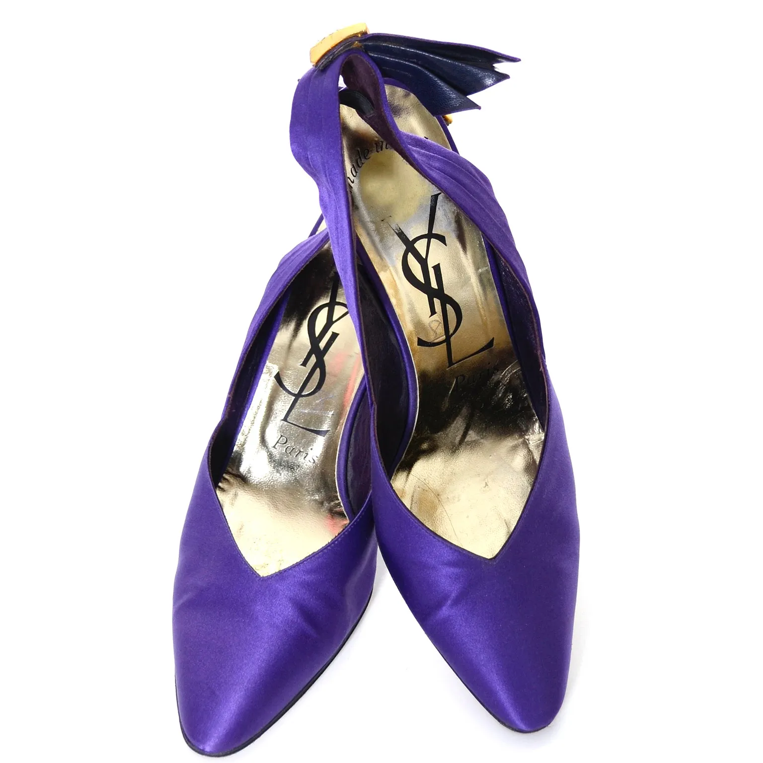 1985 Yves Saint Laurent Documented Purple Satin Rhinestone Slingback YSL Shoes