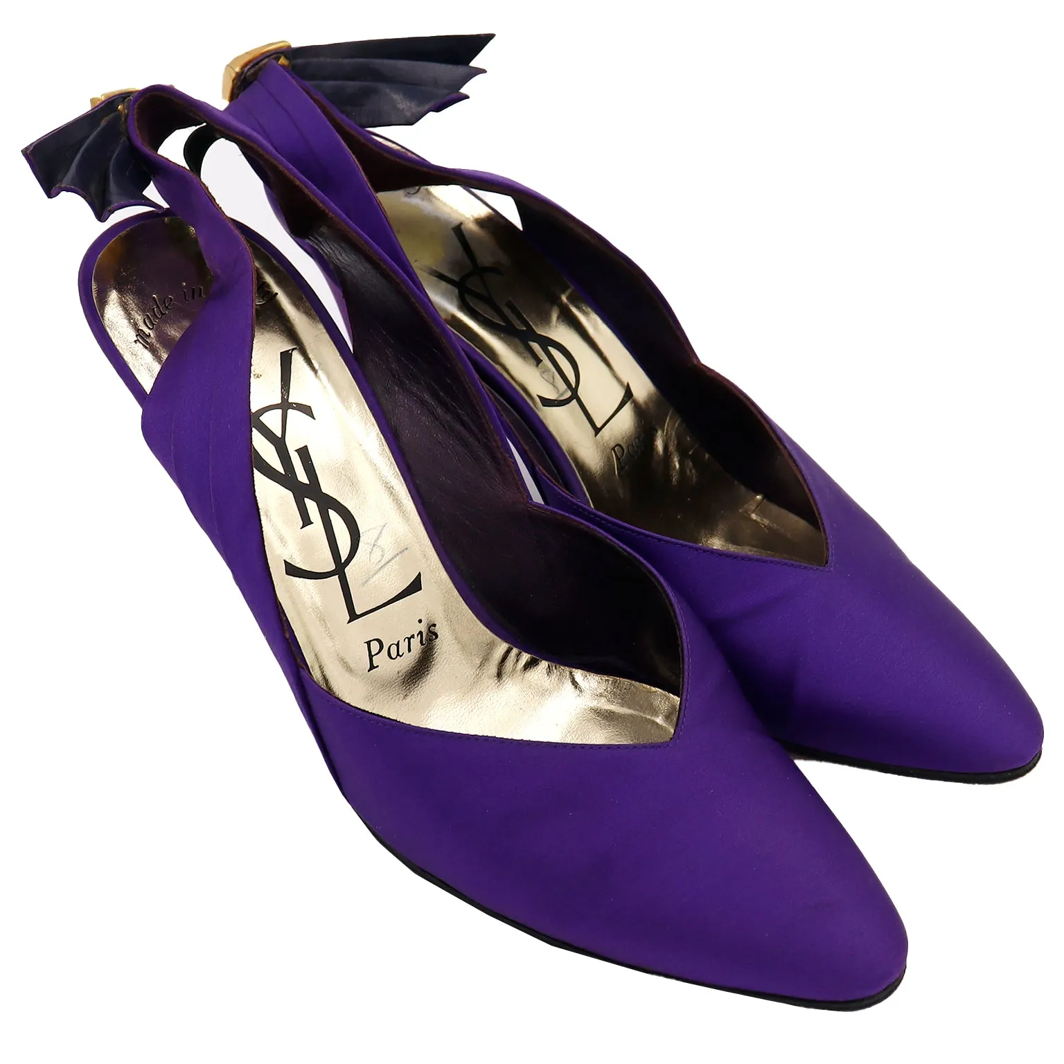 1985 Yves Saint Laurent Documented Purple Satin Rhinestone Slingback YSL Shoes