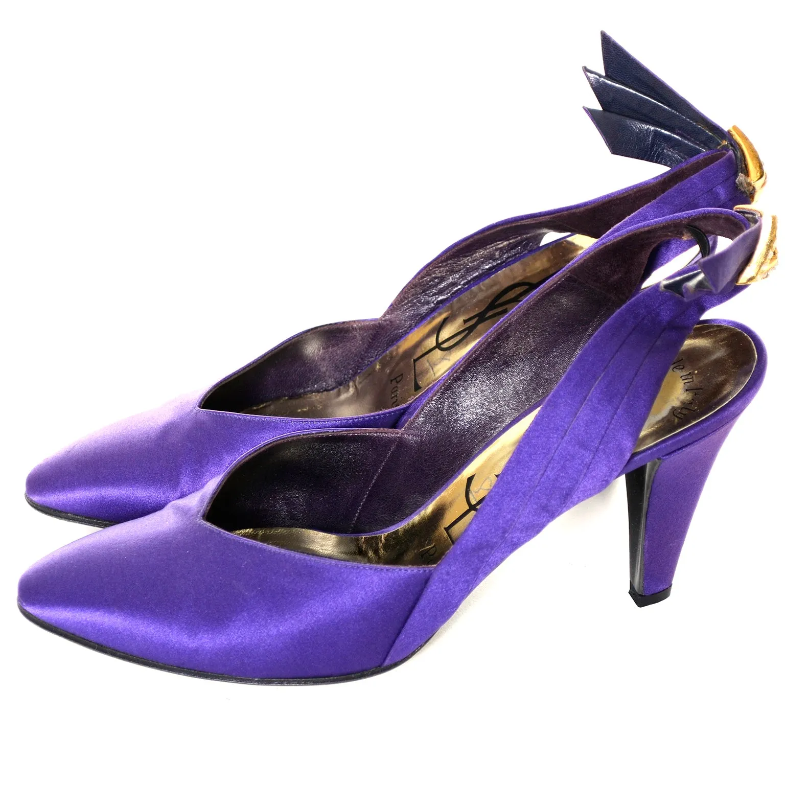 1985 Yves Saint Laurent Documented Purple Satin Rhinestone Slingback YSL Shoes