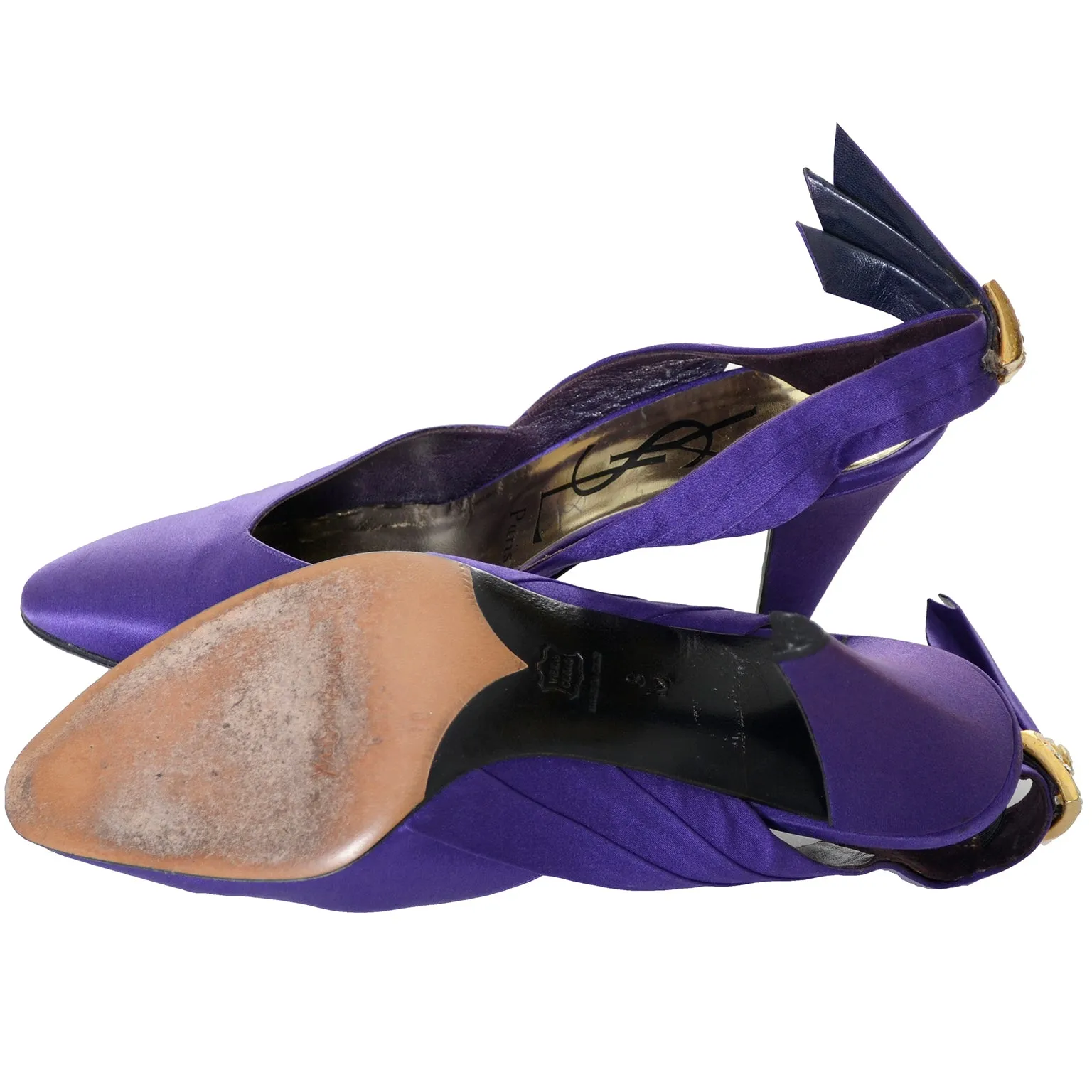 1985 Yves Saint Laurent Documented Purple Satin Rhinestone Slingback YSL Shoes