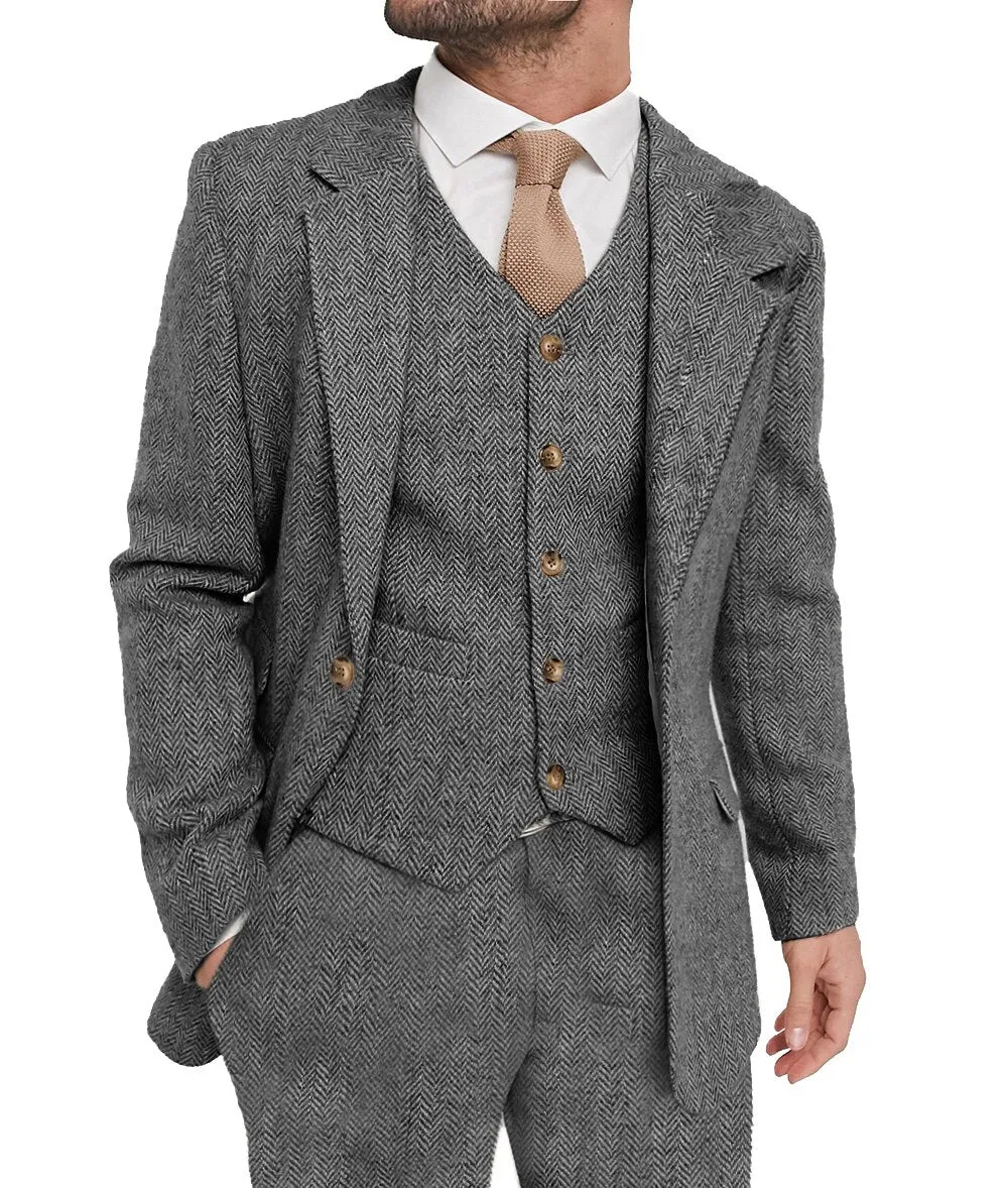 Advbridge Mens Suit Grey 3 Piece Suit Hight Quality Wool Tweed Wedding Groomsmen Shawl Lapel Tuxedos Slim Fit Blazer Pants vest