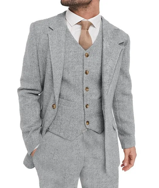 Advbridge Mens Suit Grey 3 Piece Suit Hight Quality Wool Tweed Wedding Groomsmen Shawl Lapel Tuxedos Slim Fit Blazer Pants vest