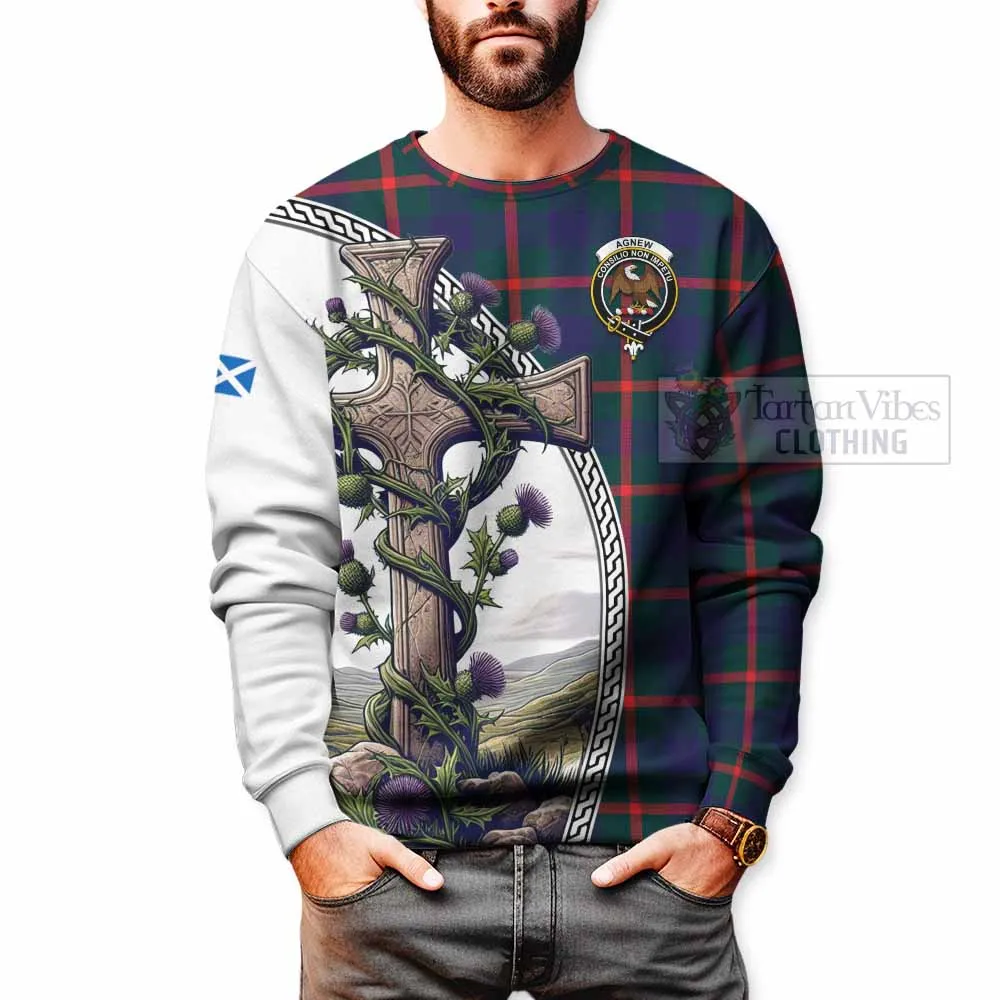 Agnew Tartan Sweatshirt with Family Crest and St. Andrew's Cross Accented by Thistle Vines