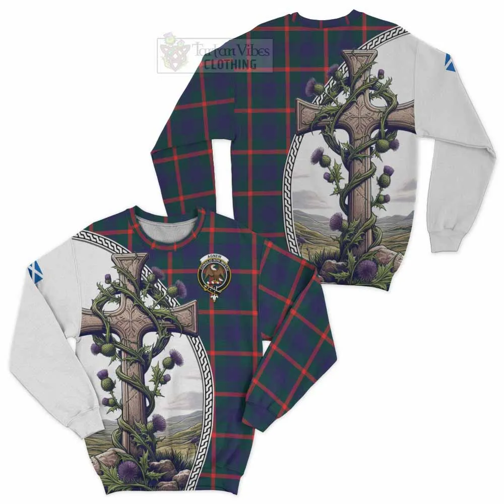 Agnew Tartan Sweatshirt with Family Crest and St. Andrew's Cross Accented by Thistle Vines