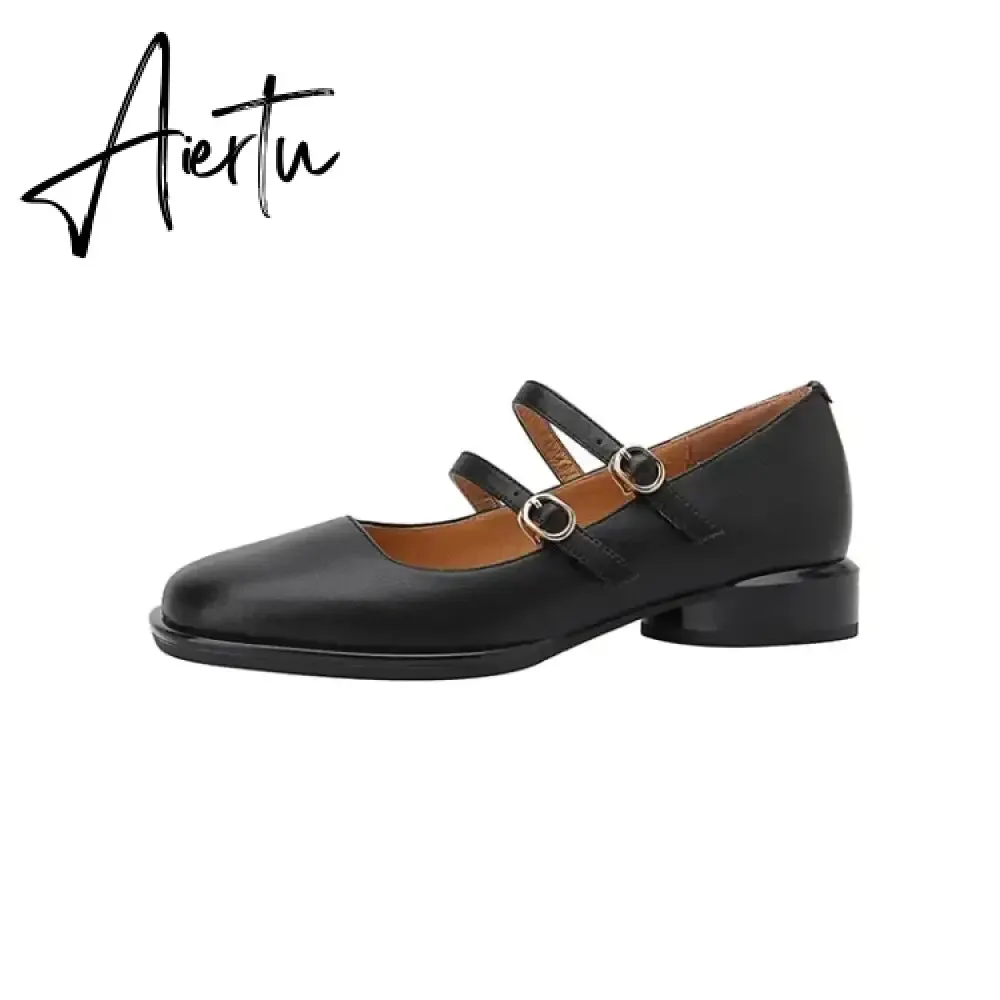 Aiertu HOT SALE Spring Fashion Women Shoes Round Toe Chunky Heel Shoes Women Cow Leather Low Heel Women Pumps Solid Retro Mary Janes