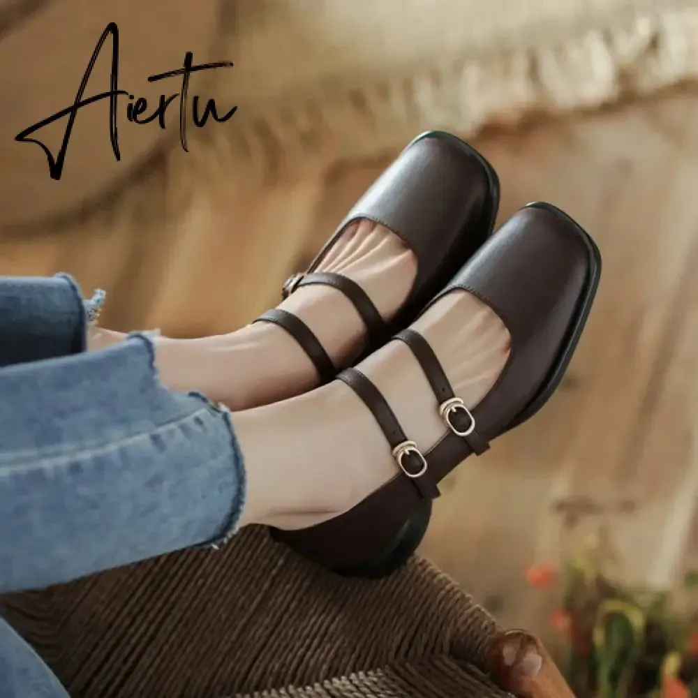 Aiertu HOT SALE Spring Fashion Women Shoes Round Toe Chunky Heel Shoes Women Cow Leather Low Heel Women Pumps Solid Retro Mary Janes