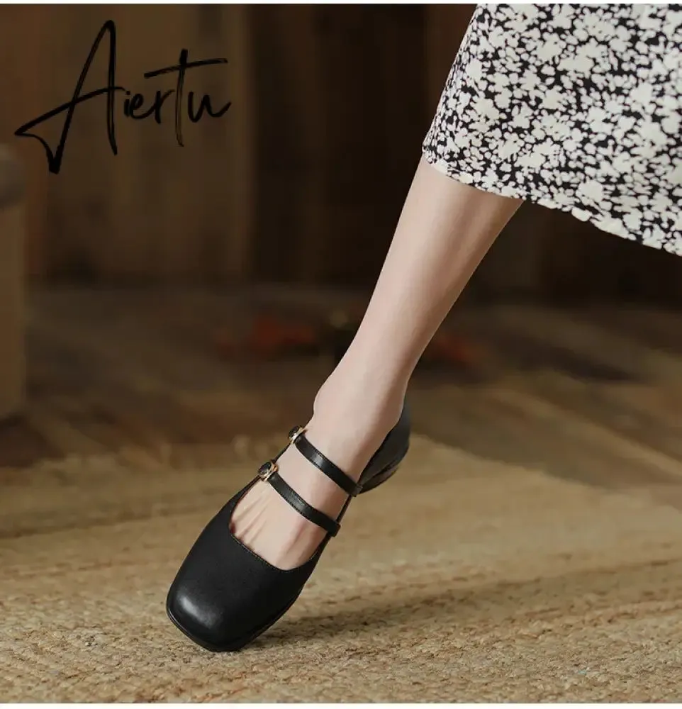 Aiertu HOT SALE Spring Fashion Women Shoes Round Toe Chunky Heel Shoes Women Cow Leather Low Heel Women Pumps Solid Retro Mary Janes