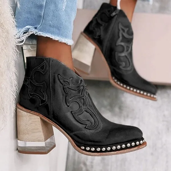 Amozae-   Leather Women Ankle Boots Women's Shoes Low Heel Cool British Embroidered Design Soft Short Boots Party Women Footwear