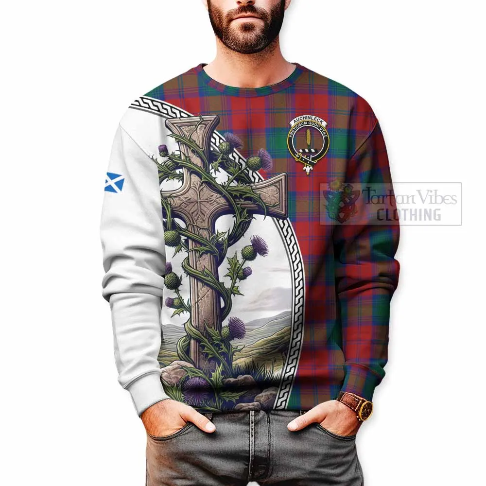 Auchinleck (Affleck) Tartan Sweatshirt with Family Crest and St. Andrew's Cross Accented by Thistle Vines