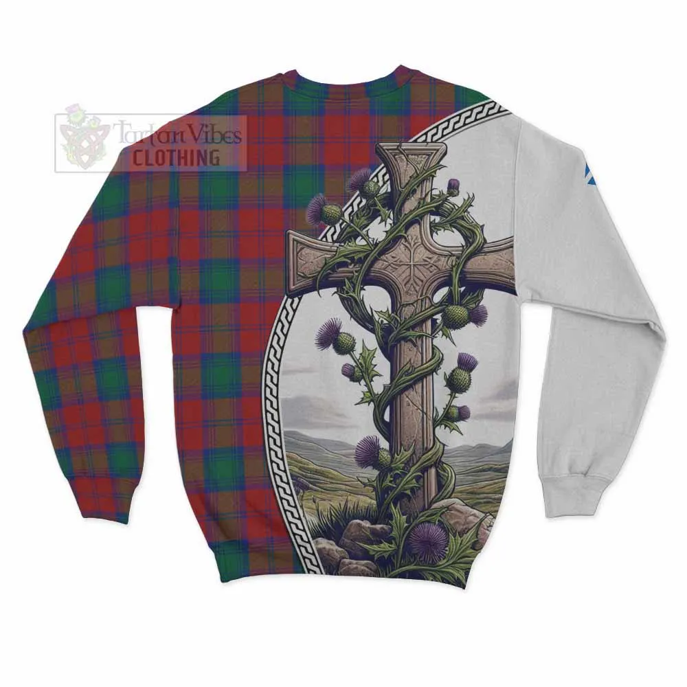 Auchinleck (Affleck) Tartan Sweatshirt with Family Crest and St. Andrew's Cross Accented by Thistle Vines