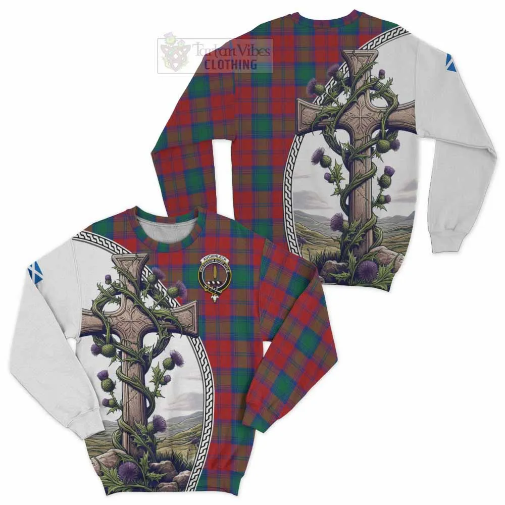 Auchinleck (Affleck) Tartan Sweatshirt with Family Crest and St. Andrew's Cross Accented by Thistle Vines