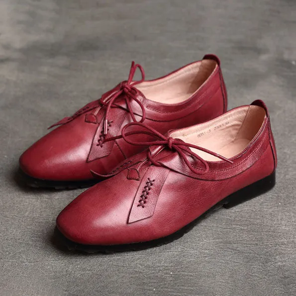 Autumn Retro Leather Square Head Handmade British style Flats |Gift Shoes