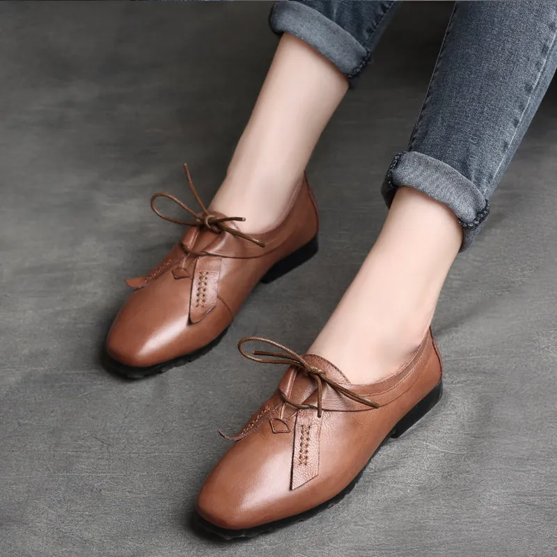 Autumn Retro Leather Square Head Handmade British style Flats |Gift Shoes