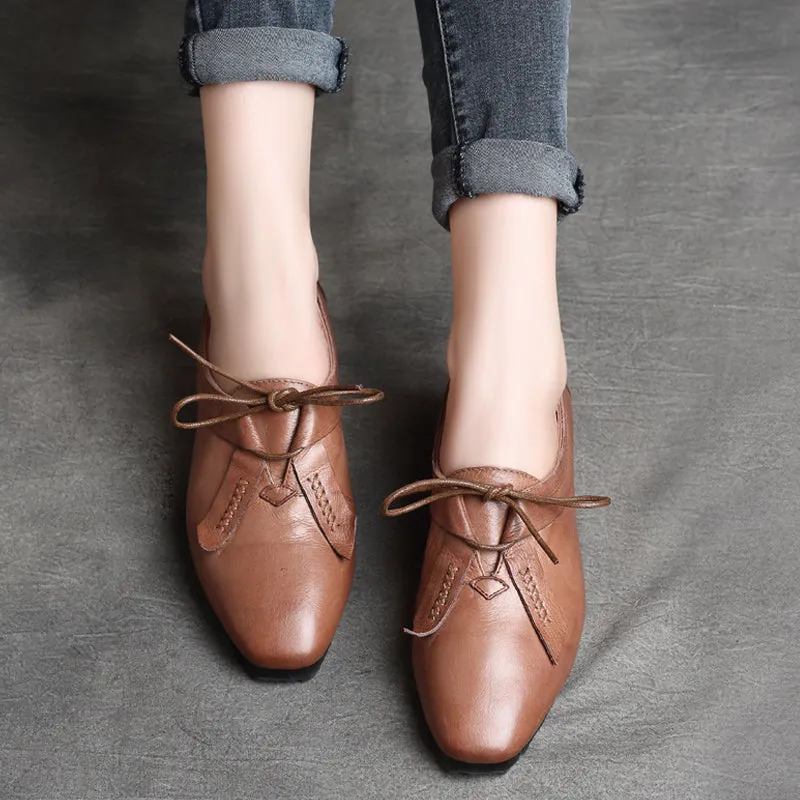 Autumn Retro Leather Square Head Handmade British style Flats |Gift Shoes