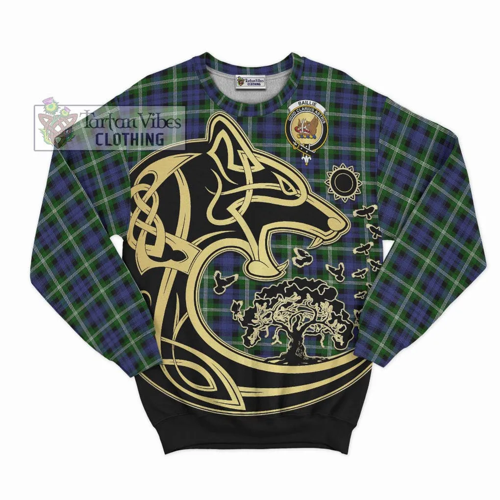 Baillie (Bailey) Tartan Sweatshirt with Family Crest Celtic Wolf Style