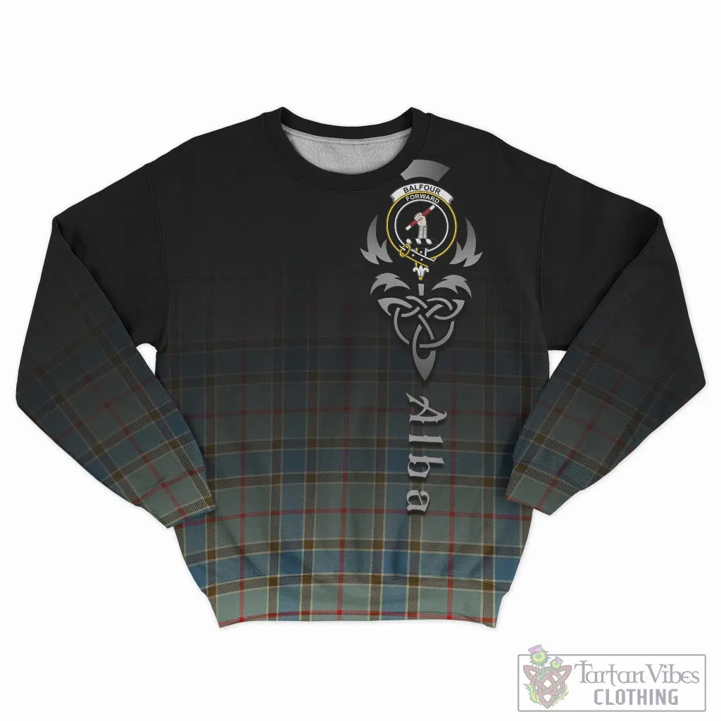 Balfour Blue Tartan Sweatshirt Featuring Alba Gu Brath Family Crest Celtic Inspired