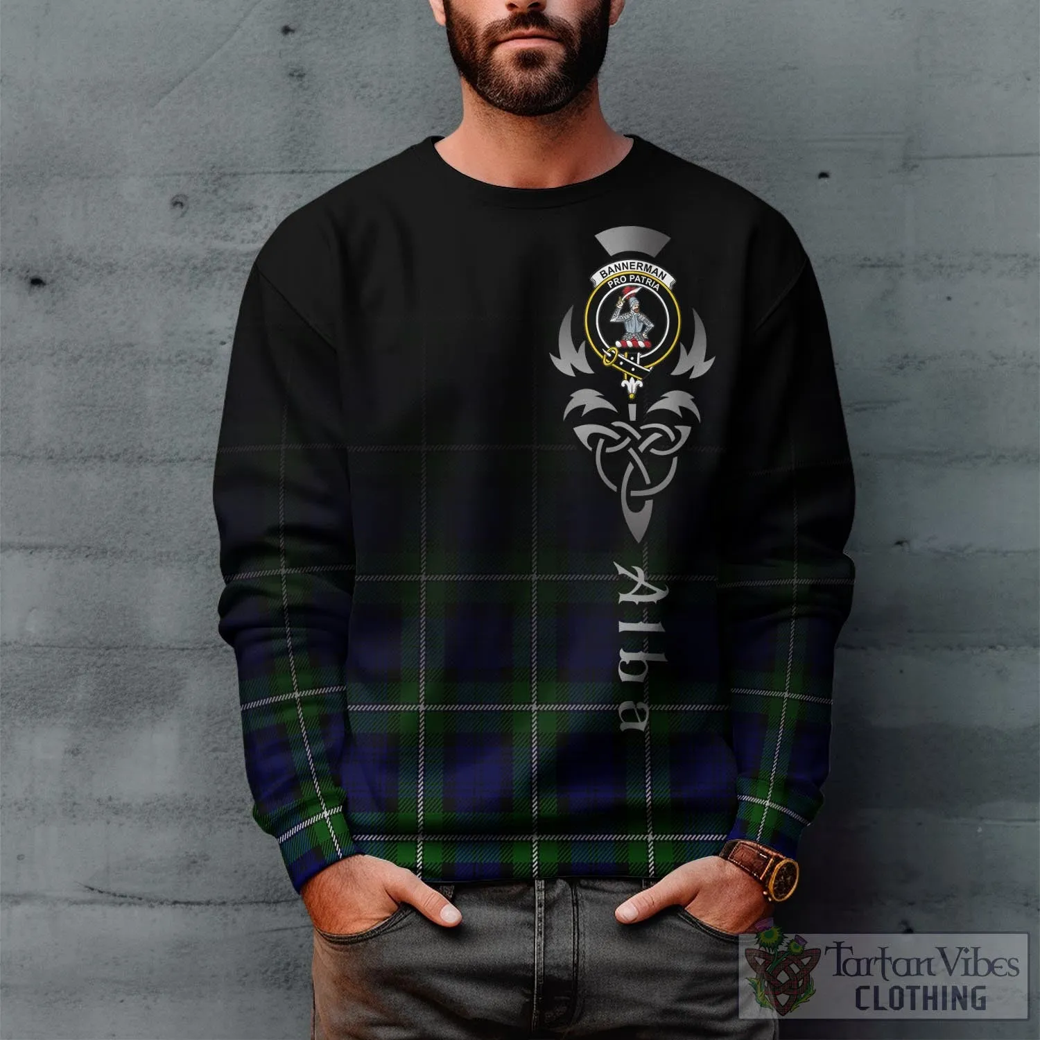 Bannerman Tartan Sweatshirt Featuring Alba Gu Brath Family Crest Celtic Inspired