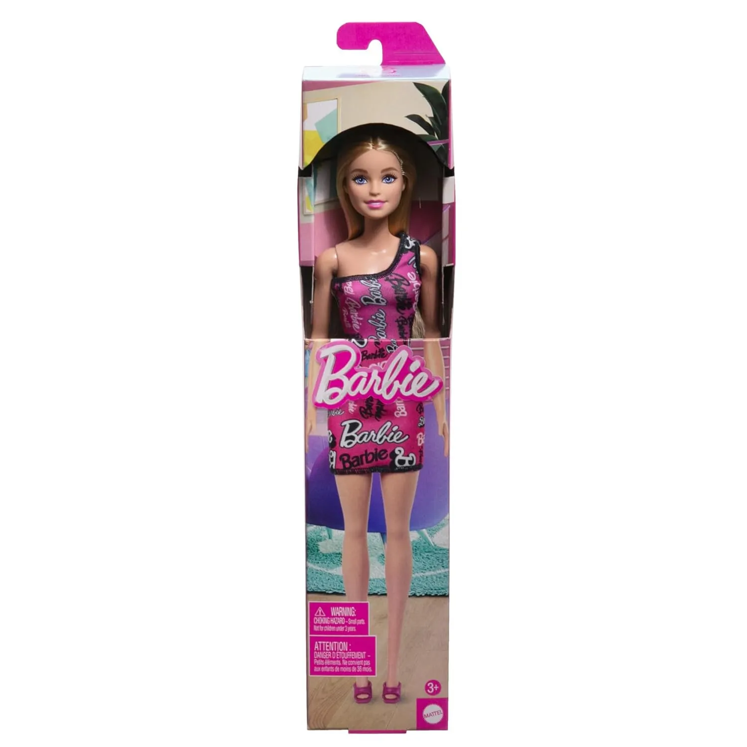 Barbie Fashion Doll With Straight Blonde Hair Wearing Removable Pink Dress & Shoes With Logo Print