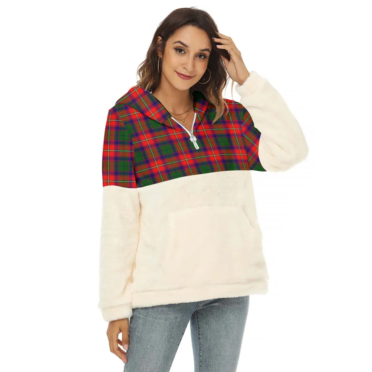 Belshes Tartan Women's Borg Fleece Hoodie With Half Zip