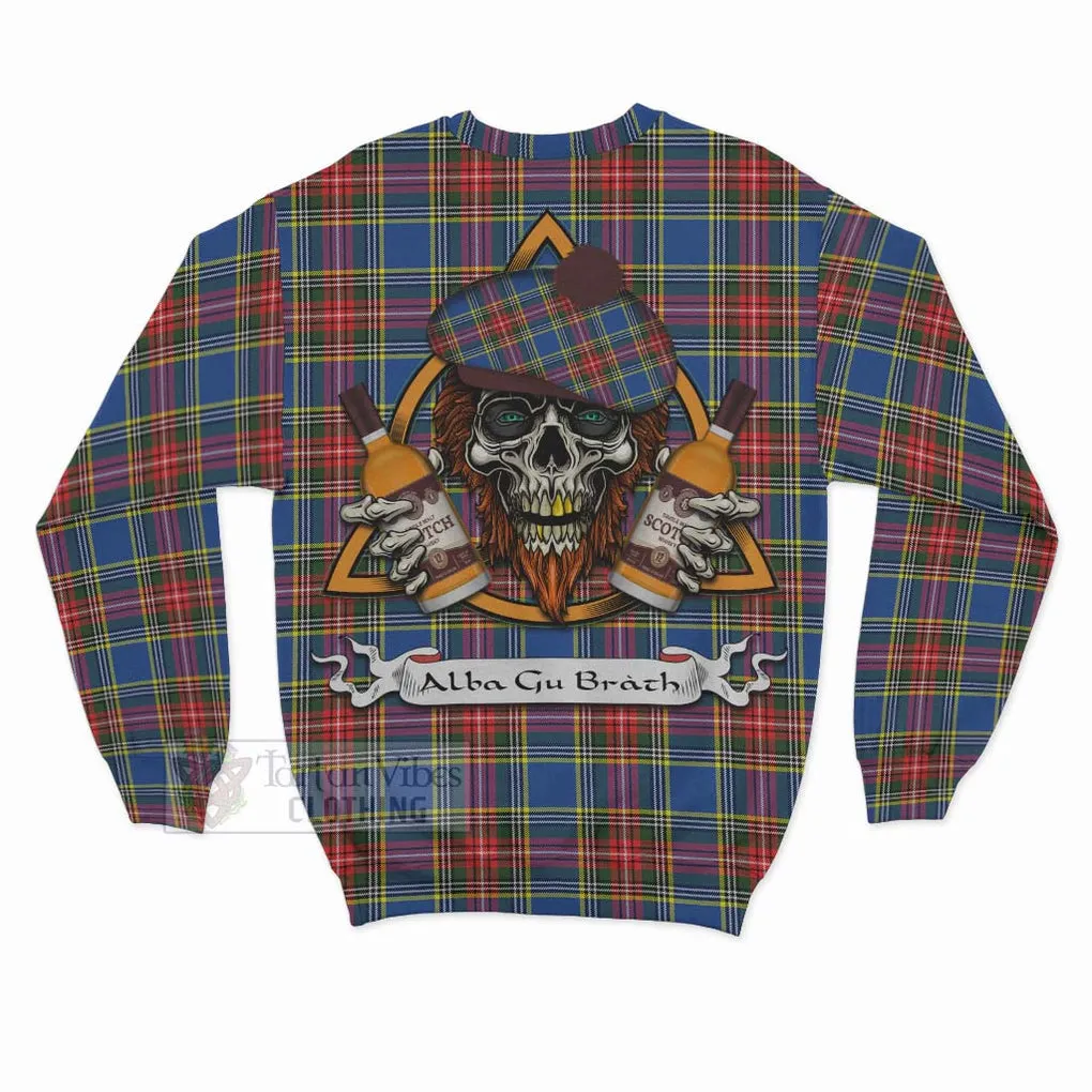 Bethune Tartan Sweatshirt with Family Crest and Bearded Skull Holding Bottles of Whiskey