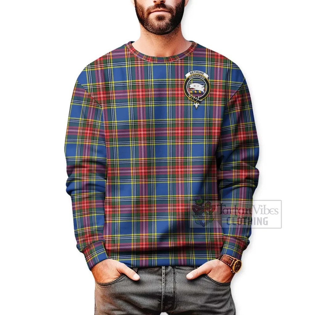 Bethune Tartan Sweatshirt with Family Crest and Bearded Skull Holding Bottles of Whiskey