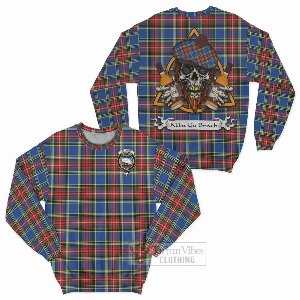 Bethune Tartan Sweatshirt with Family Crest and Bearded Skull Holding Bottles of Whiskey