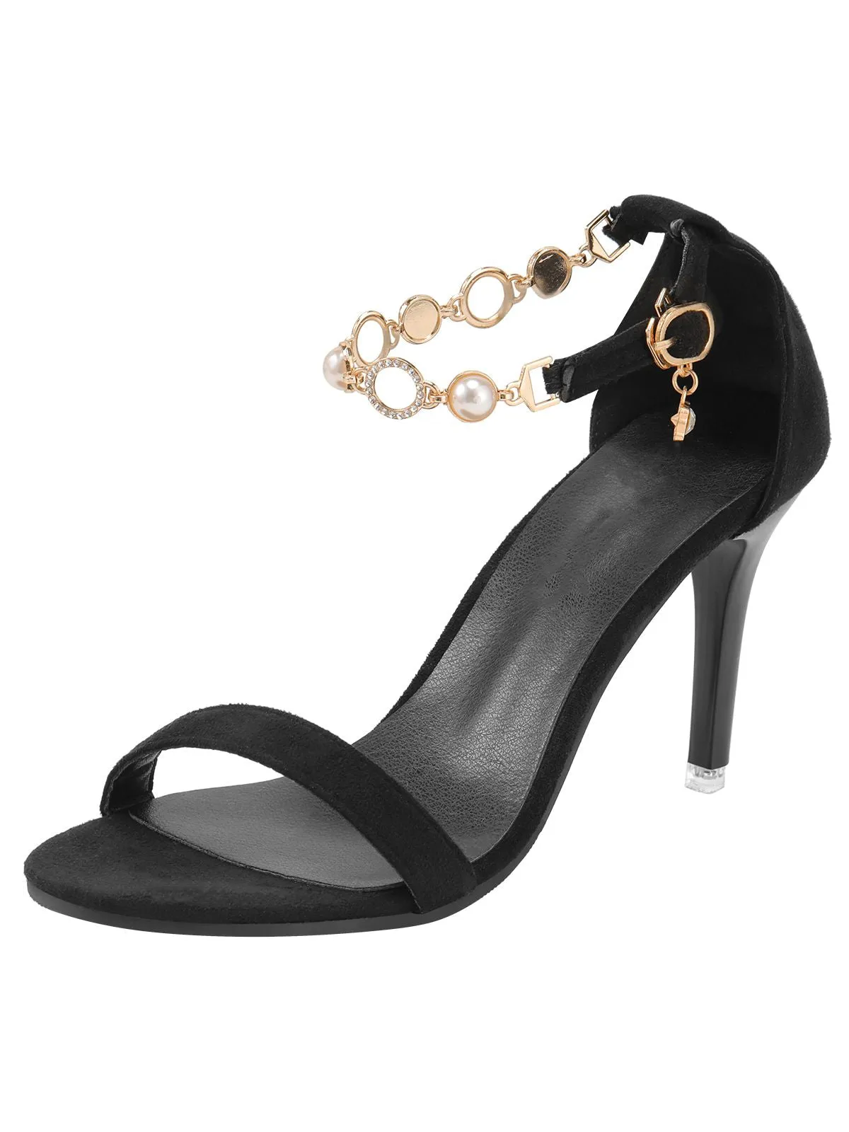 Black Pearl Chain Metal Point Toe Cone Heels