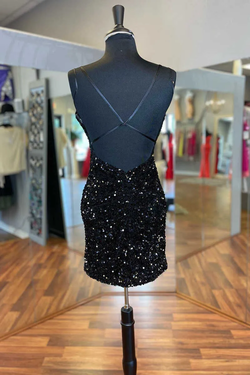 Black Sequin V-Neck Backless Short Homecoming Dress Wedding