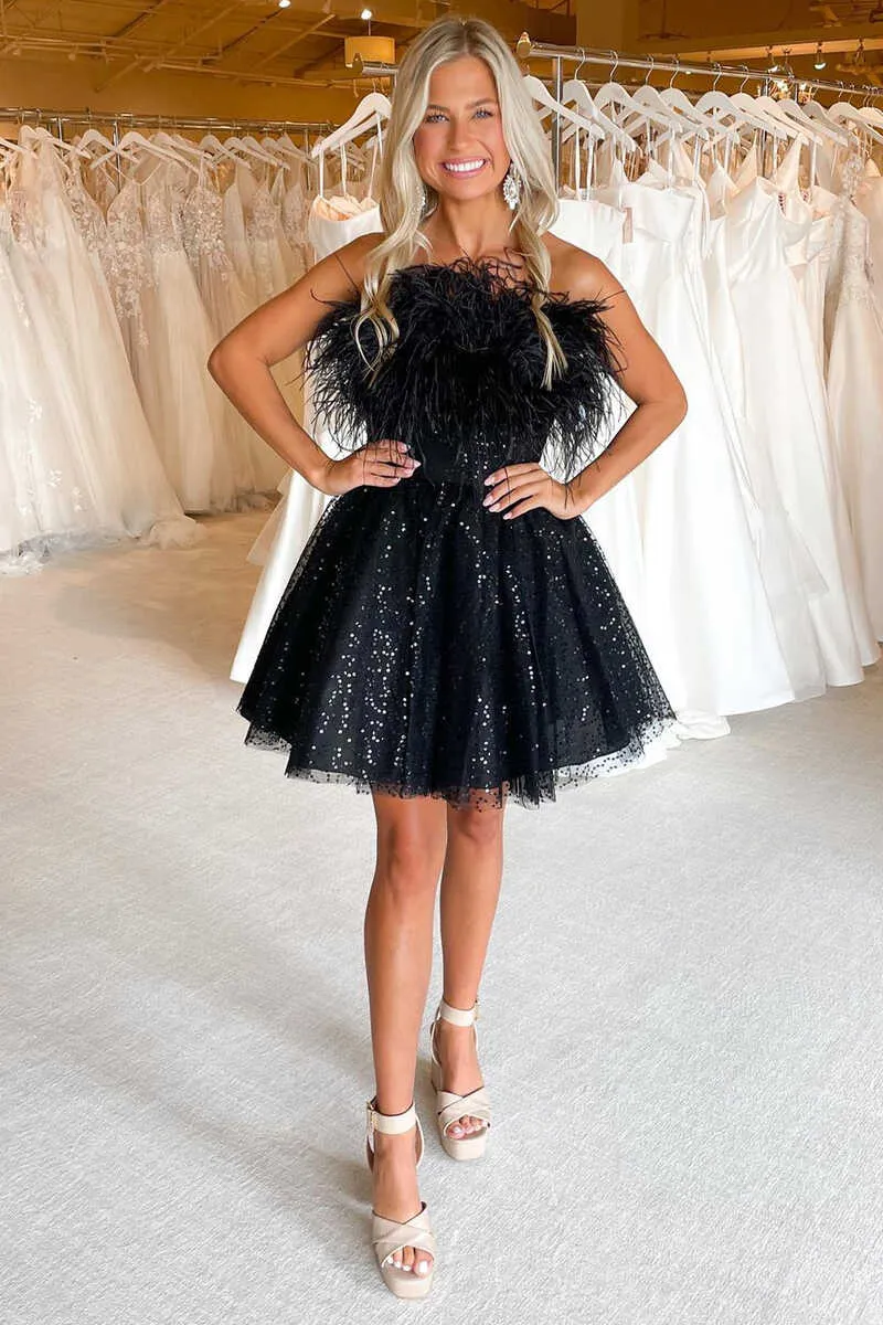 Black Sequins Feather Short Homecoming Dresses for Weddings