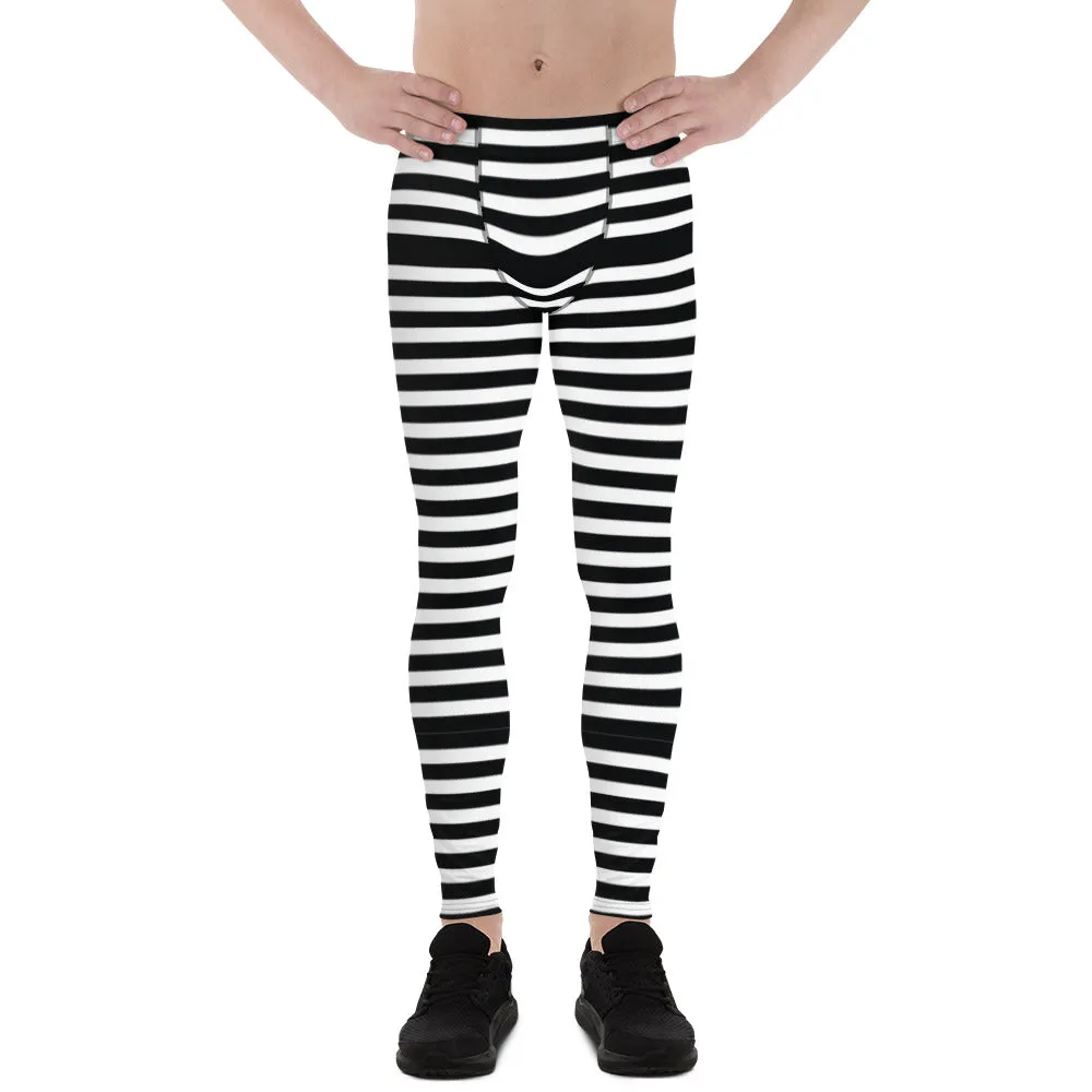 Black White Striped Men's Leggings, Modern Designer Best Meggings Compression Tights