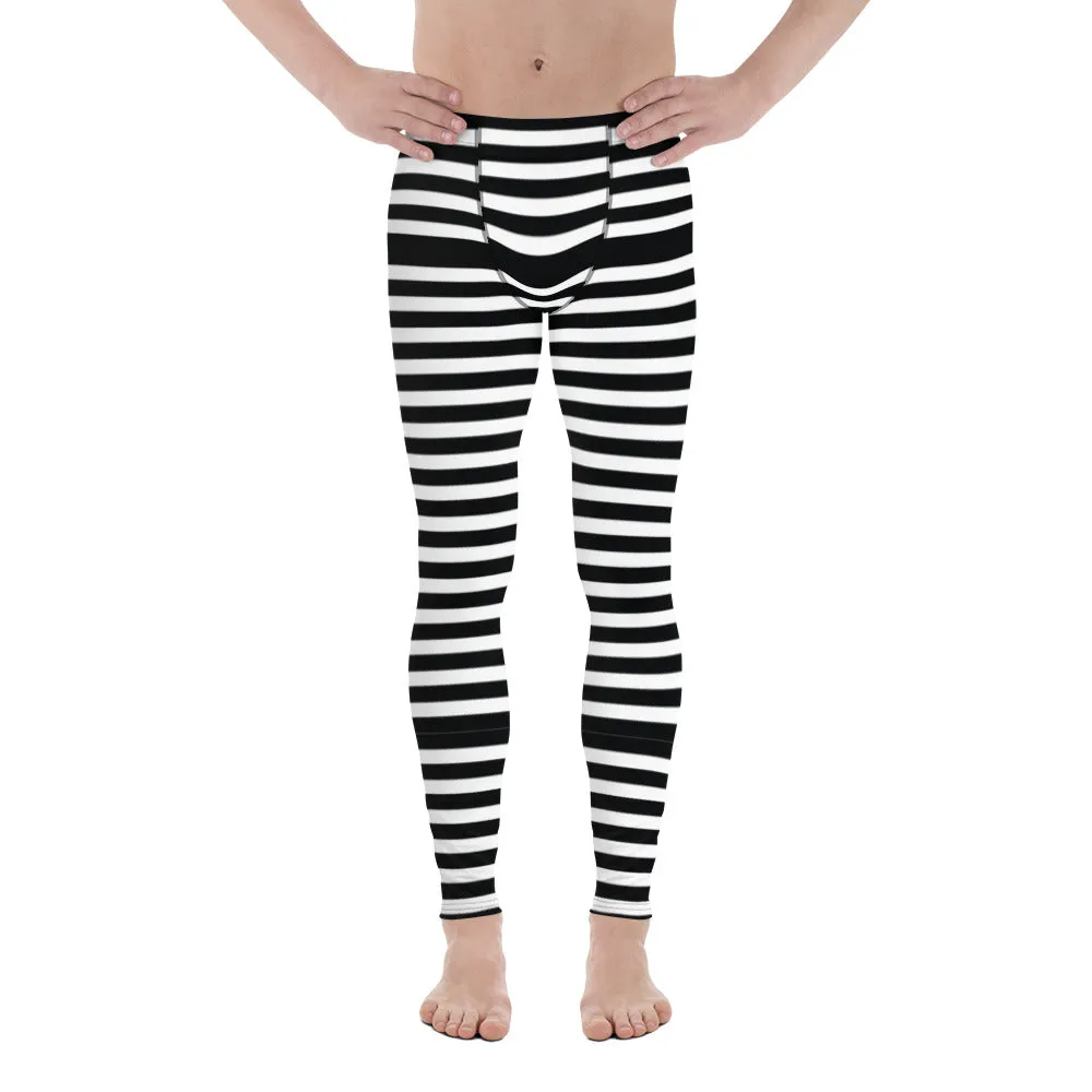 Black White Striped Men's Leggings, Modern Designer Best Meggings Compression Tights