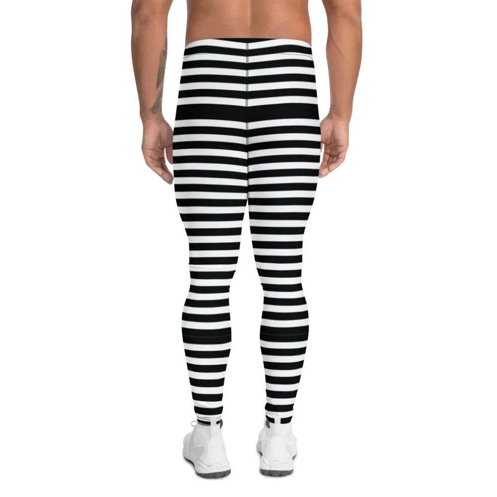 Black White Striped Men's Leggings, Modern Designer Best Meggings Compression Tights