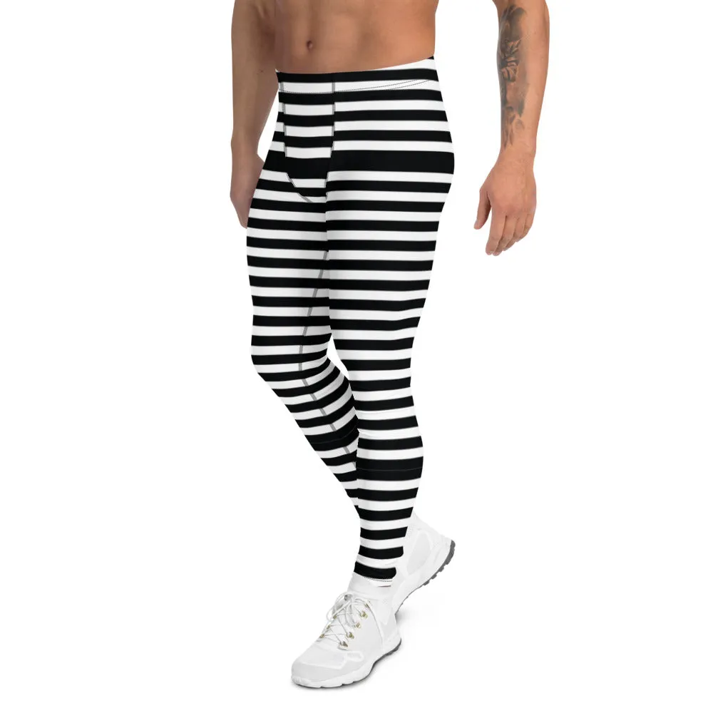 Black White Striped Men's Leggings, Modern Designer Best Meggings Compression Tights