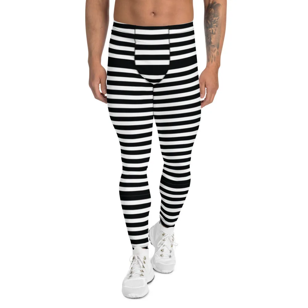 Black White Striped Men's Leggings, Modern Designer Best Meggings Compression Tights