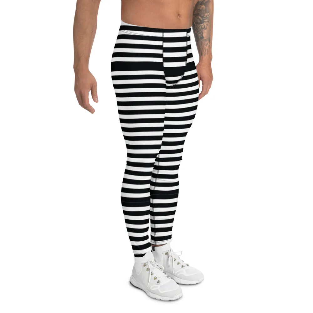 Black White Striped Men's Leggings, Modern Designer Best Meggings Compression Tights