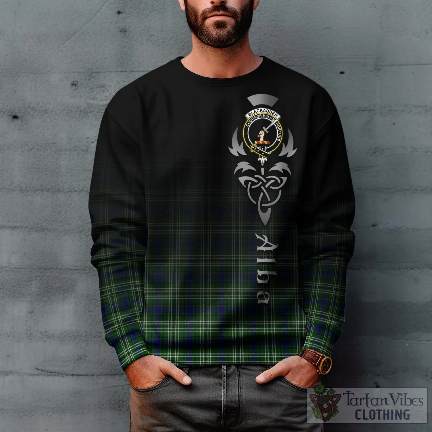 Blackadder Tartan Sweatshirt Featuring Alba Gu Brath Family Crest Celtic Inspired