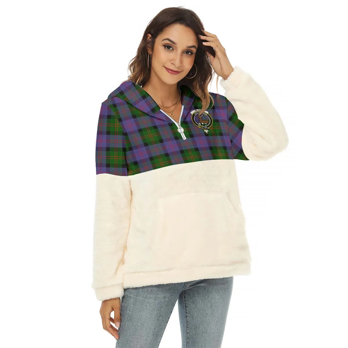 Blair Modern Tartan Women's Borg Fleece Hoodie With Half Zip with Family Crest