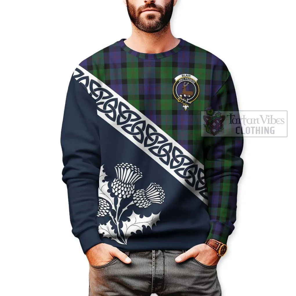 Blair Tartan Sweatshirt Featuring Thistle and Scotland Map