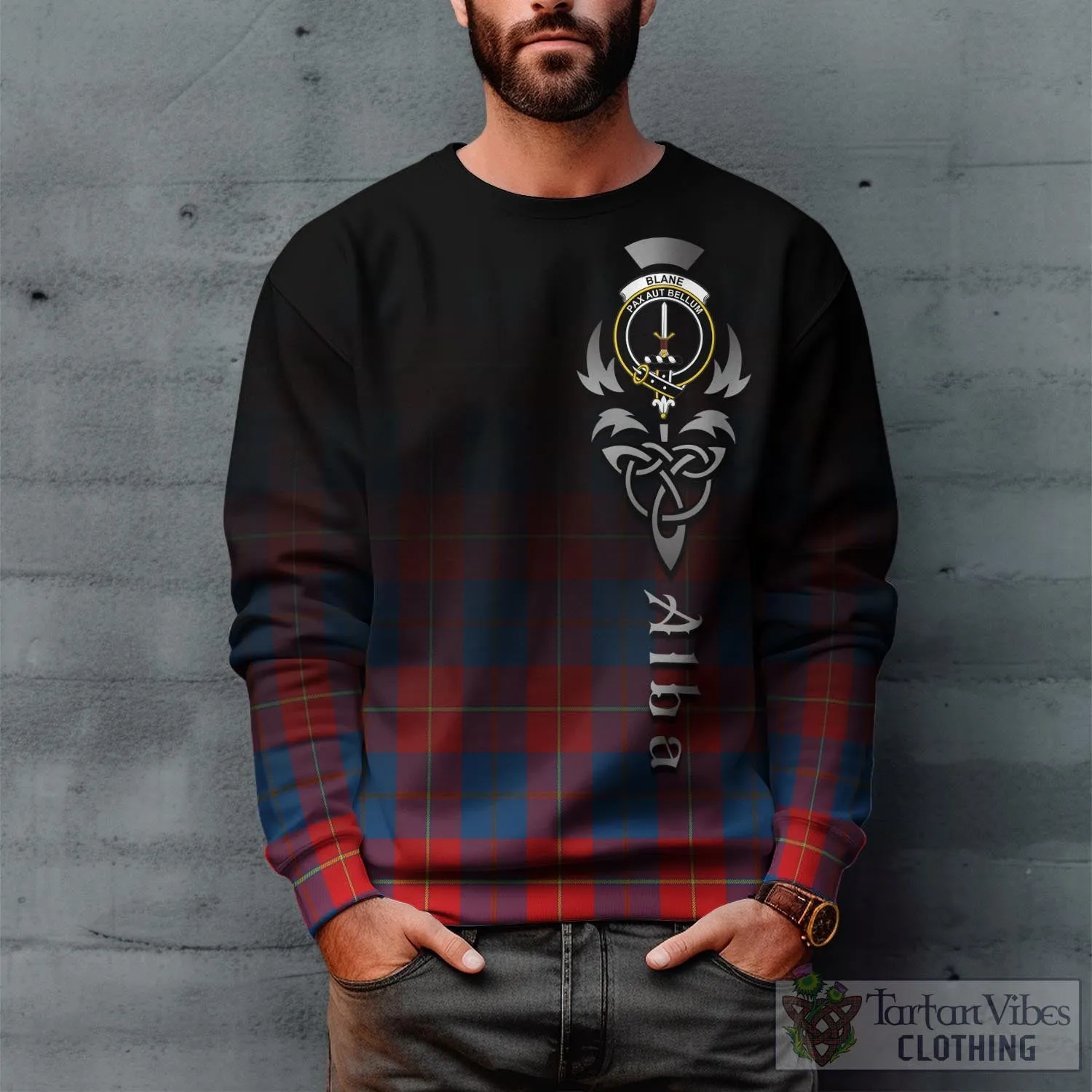 Blane Tartan Sweatshirt Featuring Alba Gu Brath Family Crest Celtic Inspired