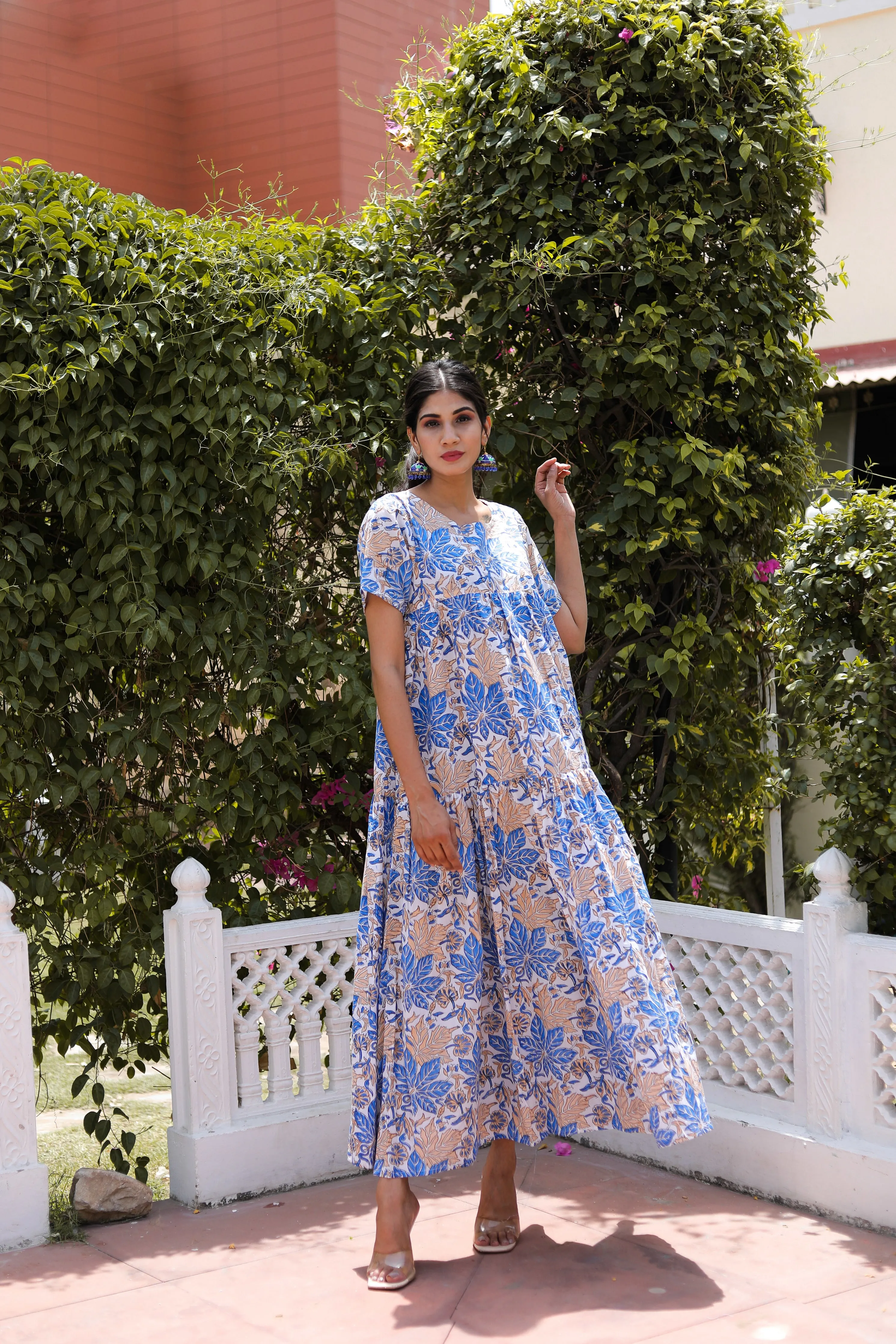 Blue Large Leaf with Short Sleeve Cotton Maxi Dress