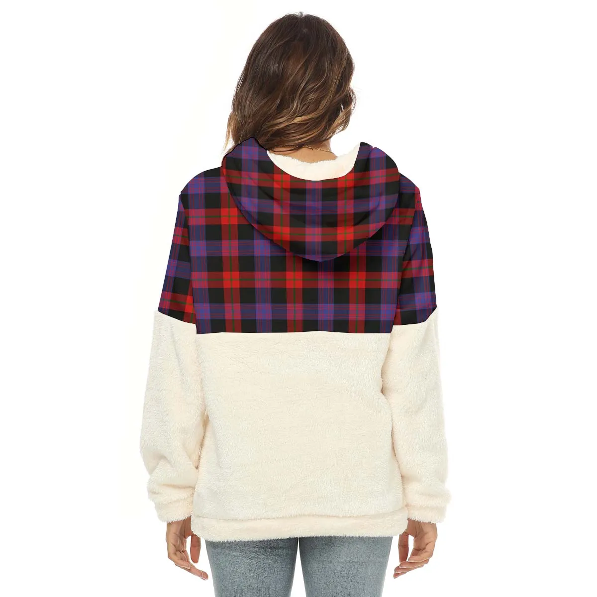 Broun Modern Tartan Women's Borg Fleece Hoodie With Half Zip with Family Crest