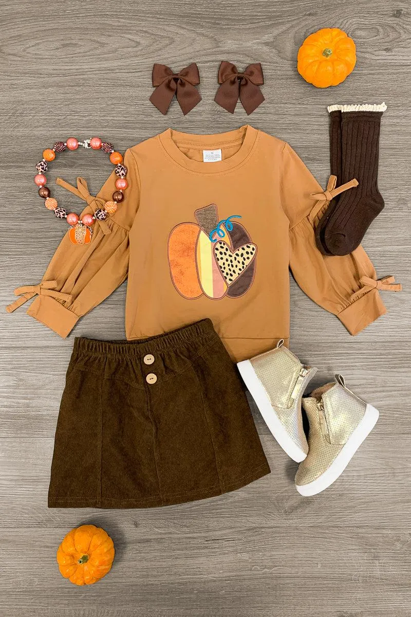 Brown & Tan Pumpkin Corduroy Skirt Set