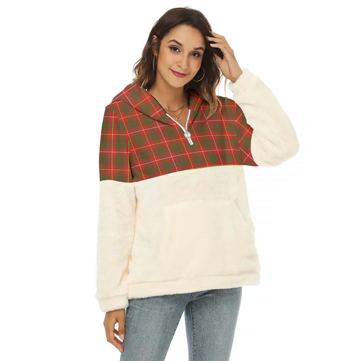 Bruce County Canada Tartan Women's Borg Fleece Hoodie With Half Zip