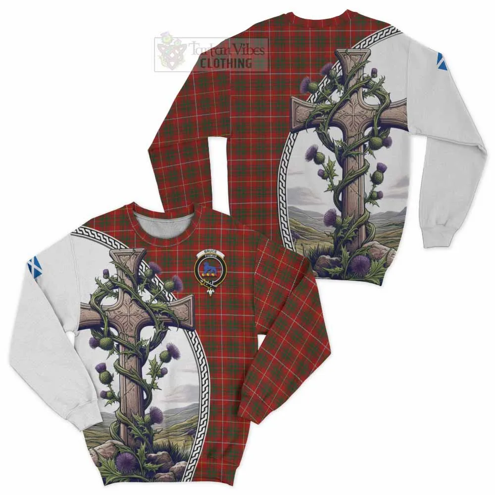 Bruce Tartan Sweatshirt with Family Crest and St. Andrew's Cross Accented by Thistle Vines