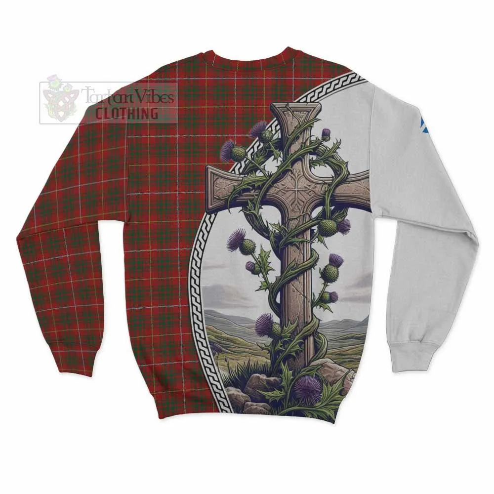 Bruce Tartan Sweatshirt with Family Crest and St. Andrew's Cross Accented by Thistle Vines