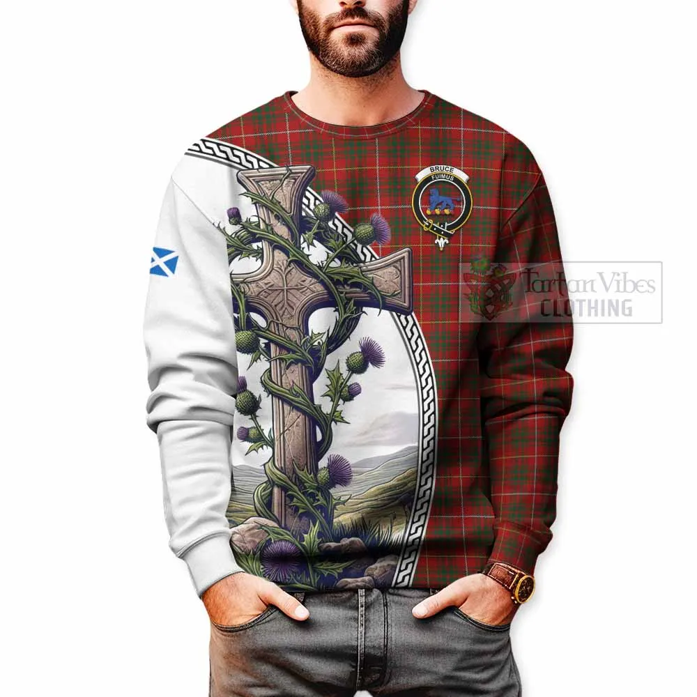 Bruce Tartan Sweatshirt with Family Crest and St. Andrew's Cross Accented by Thistle Vines