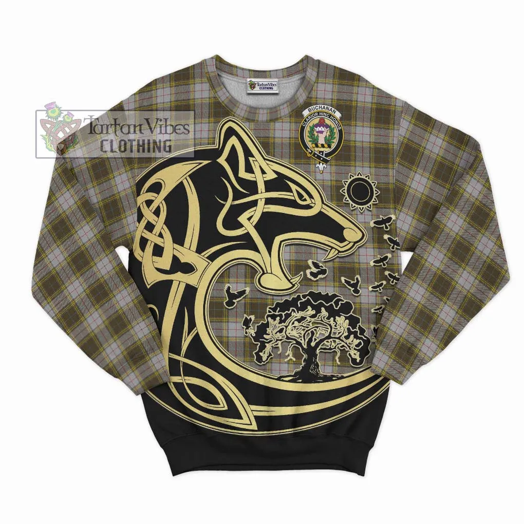 Buchanan Dress Tartan Sweatshirt with Family Crest Celtic Wolf Style