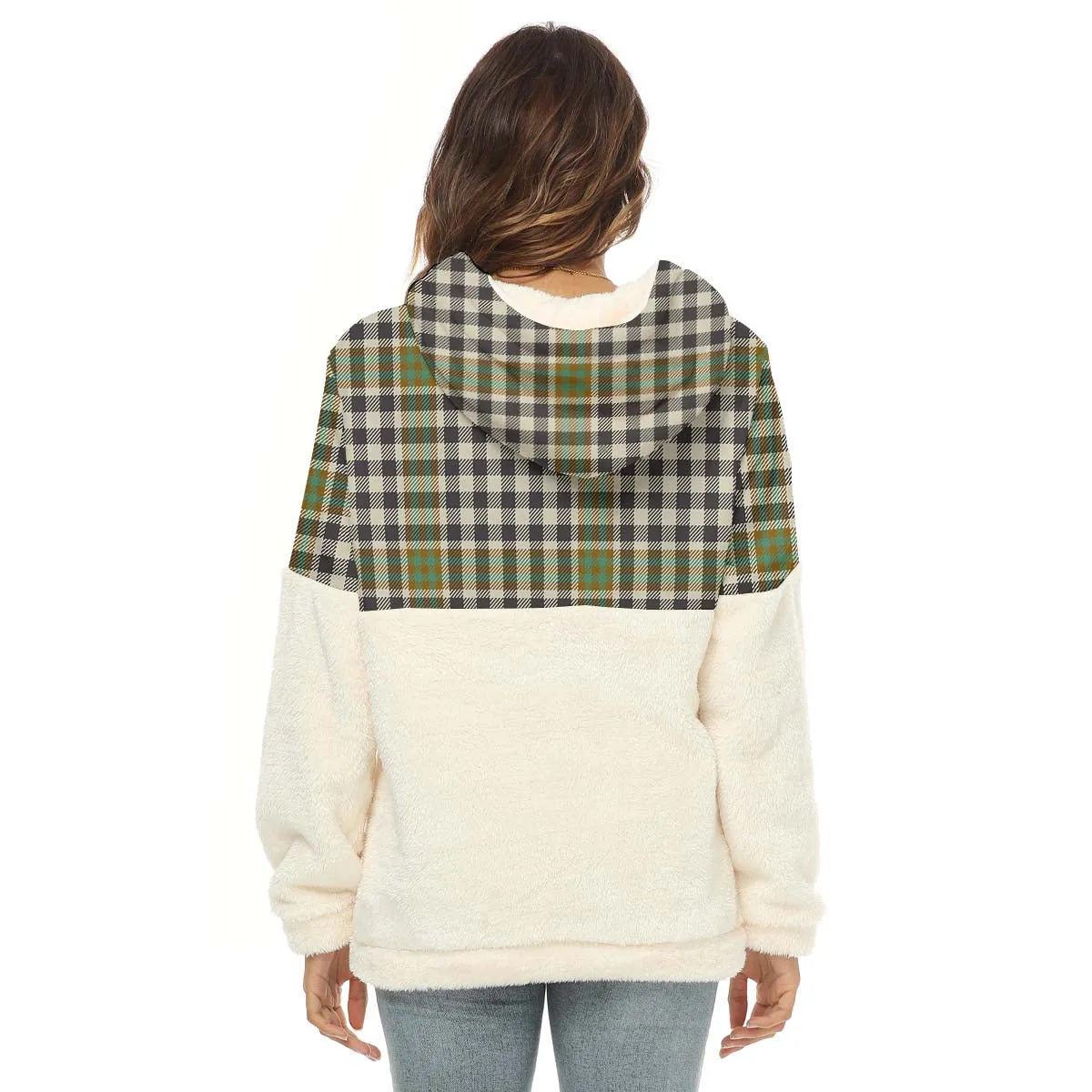 Burns Check Tartan Women's Borg Fleece Hoodie With Half Zip