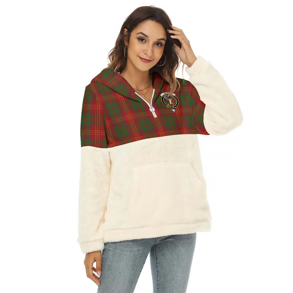 Burns Tartan Women's Borg Fleece Hoodie With Half Zip with Family Crest