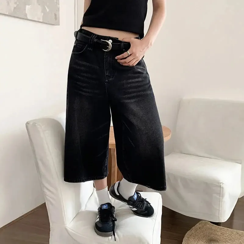 Casual Black Baggy Denim Jort